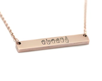 ASL Necklace - Personalized Engraved Bar - Rose Gold Bar - Stamped Bar Necklace - Hand Stamped Bar Necklace - Sign Language Gift