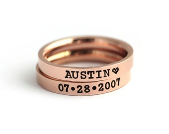 Rose Gold Stacking Rings - Engraved Name Ring - Personalized 3mm Stackable Band - Custom Engraved Rings - Rose Gold Ring