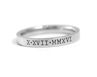 Roman Numeral Ring Personalized 3mm - Anniversary Gift - Stamped Rings - Engraved Ring - Personalized Roman Numerals - Wedding Band - Silver