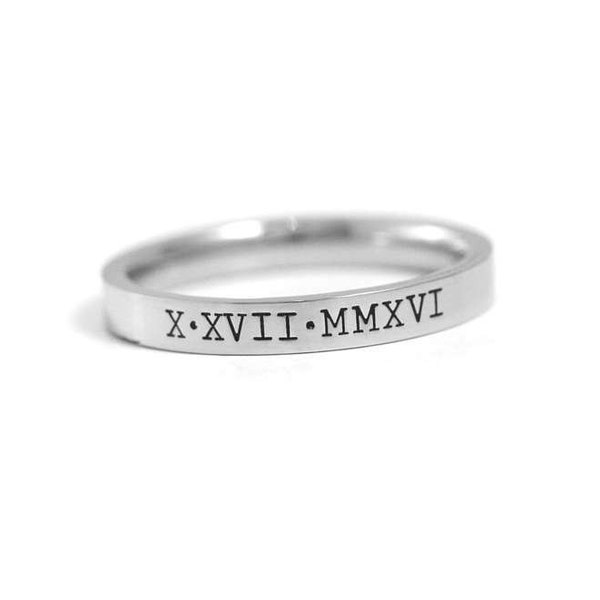 Roman Numeral Ring Personalized 3mm - Anniversary Gift - Stamped Rings - Engraved Ring - Personalized Roman Numerals - Wedding Band - Silver