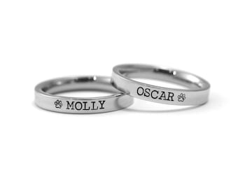 Personalized Pet Name Ring - 3mm Paw Print Ring - Hand Stamped - Engraved Band - Pet Loss Pet Memorial Ring - Dog Mom - Cat Mom Gift