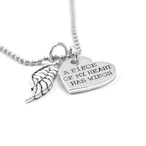 Piece of My Heart Has Wings Memorial Quote Necklace Angel Wing Engraved Loss Necklace Personalized Hand Stamped Condolence Gift image 1