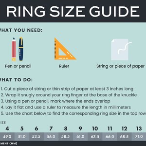 Op de afbeelding: Een tabel die laat zien hoe je je ringmaat kunt meten met een stuk touw of papier. De tabel toont ringmaten 3 tot en met 14 met de bijbehorende maten in millimeters.