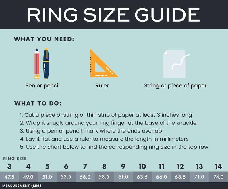 Op de afbeelding: Een tabel die laat zien hoe je je ringmaat kunt meten met een stuk touw of papier. De tabel toont ringmaten 3 tot en met 14 met de bijbehorende maten in millimeters.
