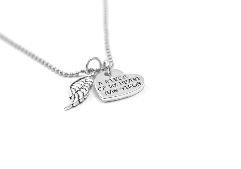 Piece of My Heart Has Wings Memorial Quote Necklace Angel Wing Engraved Loss Necklace Personalized Hand Stamped Condolence Gift image 1