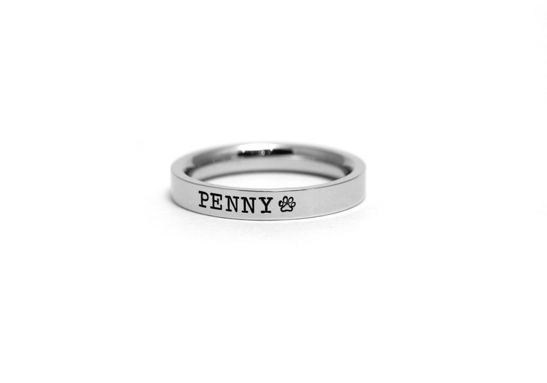 Personalized Pet Name Ring 3mm Paw Print Ring Hand Stamped Engraved Band Pet Loss Pet Memorial Ring Dog Mom Cat Mom Gift image 5