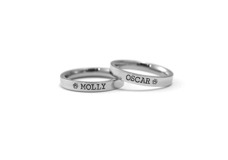 Personalized Pet Name Ring 3mm Paw Print Ring Hand Stamped Engraved Band Pet Loss Pet Memorial Ring Dog Mom Cat Mom Gift image 1