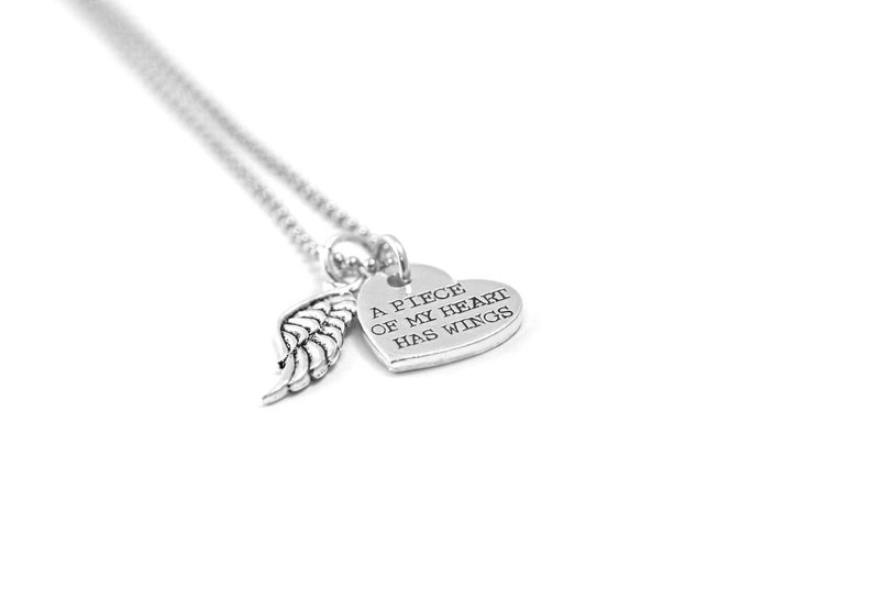 Piece of My Heart Has Wings Memorial Quote Necklace Angel Wing Engraved Loss Necklace Personalized Hand Stamped Condolence Gift image 2