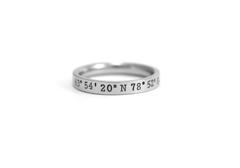 Coordinates Ring - Latitude Longitude Ring - 3mm Stacking Rings - Gift for Her - Location Ring - GPS Coordinates - Long Distance Gift 