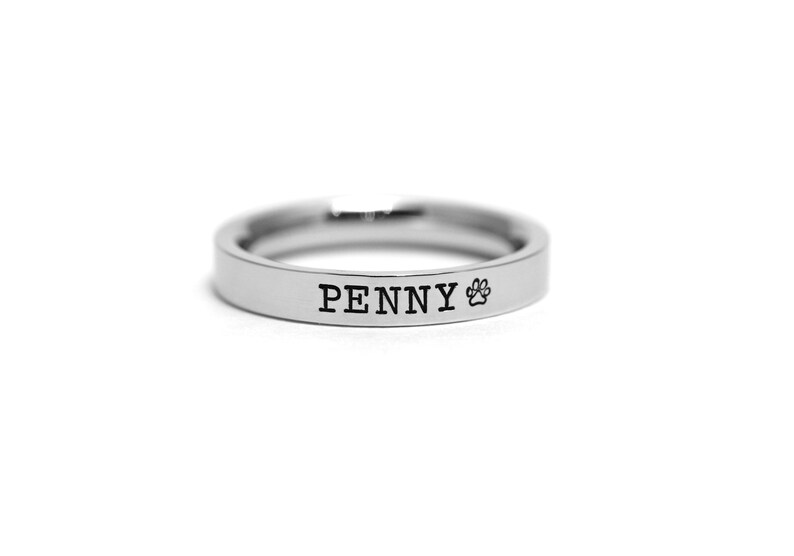 Personalized Pet Name Ring 3mm Paw Print Ring Hand Stamped Engraved Band Pet Loss Pet Memorial Ring Dog Mom Cat Mom Gift image 4