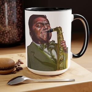 15oz Ceramic Saxophonist Mug - Unique Jazz Musician Coffee Cup, Saxophone Art Gift for Music Lovers