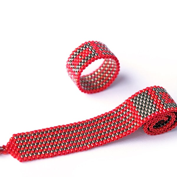Reserved for CHAPUIS - Red  Silver Urban Peyote jewelry - Peyote bracelet Handwoven, modern