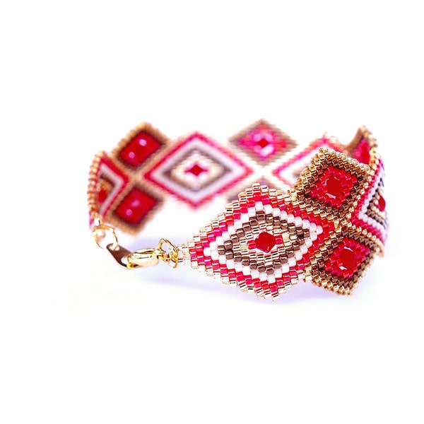 on SALE 50% - Red Unique Christmas Peyote Bracelet, Rhombus Geometric, Swarovski Crystal, Handwoven, Miyuki delica, Modern Bracelet