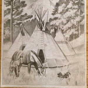 May include: A black and white drawing of a Native American campsite with three teepees, a campfire, and two horses. The teepees are made of canvas and have a pointed top. The campfire is burning brightly and there is smoke rising from it. The horses are standing near the teepees and are looking at the campfire.
