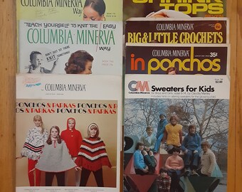 1960s and 1970s  Columbia-Minerva knitting and crochet pattern books for sweaters, vests, ponchos, women's, men's and children's clothes,