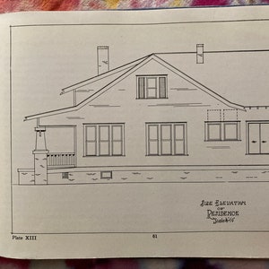 May include: A black and white architectural drawing of a house, labeled "Side Elevation of Residence." The drawing shows the side view of a house with a porch, multiple windows, and a chimney. The scale is 1/16.