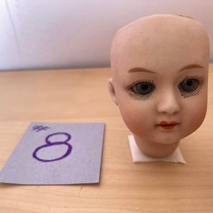 May include: A porcelain doll head with painted eyes and a closed mouth. The doll head is white with a light pink blush on the cheeks. The doll has dark brown painted eyebrows and eyelashes.