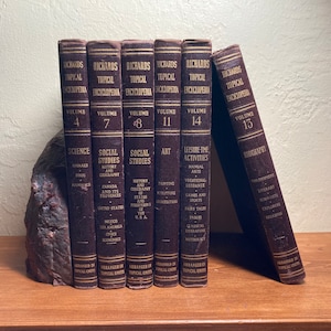 6 volumes of the 1951 edition maroon-covered &quot;Richards Topical Encyclopedia&quot; provides questions to (and answers about) dozens of subjects