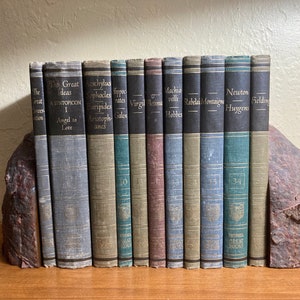 May include: A collection of vintage books with dark spines and various colored covers, including titles like "The Great Ideas" and "Newton Huygens." The books are held in place by a rough, brown stone bookend.