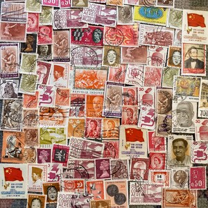 Vintage and antique international 50-piece stamp lots sorted by color: Blue, green, purple, and a mixture of red, yellow, orange, and brown