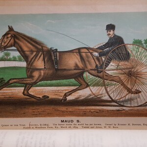 May include: A brown horse pulling a carriage with a driver in a black hat and coat. The horse is racing on a dirt track. The caption reads "MAUD S. Record, 2.08%. The fastest trotter the world has yet known. Owned by Robert H. Bonner, Esq. Foaled at Woodburn Farm, Ky., March 28, 1874. Trainer and driver, W. W. Bain. THE QUEEN OF THE TURF."