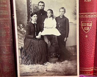 Antigua tarjeta de gabinete con retrato familiar victoriano de la década de 1880, Townsend West Liberty Iowa, madre, padre y dos hijos, orientalismo, utilería de heno