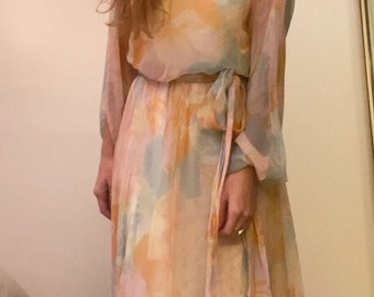 Vintage 1970s Mardi Gras New York Silk Chiffon Floral Dress