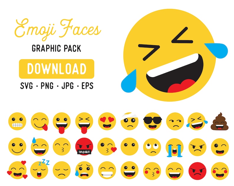 May include: A set of 36 yellow emoji faces with different expressions, including smiling, crying, winking, and tongue sticking out. The faces are in a grid pattern on a white background. The text "Emoji Faces" and "GRAPHIC PACK" is at the top of the image. The text "DOWNLOAD" is in a yellow rectangle. The text "SVG PNG JPG EPS" is below the rectangle.