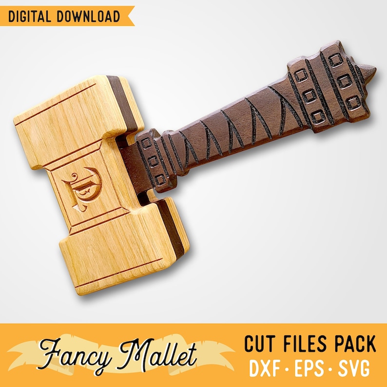 May include: A wooden mallet with a brown handle and a decorative design. The mallet is made of light wood and has a dark brown handle with a decorative design. The mallet is a digital download and includes cut files in DXF, EPS, and SVG formats.