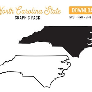 May include: Black and white outline of the state of North Carolina. The outline is shown twice, once filled in black and once as a simple outline.