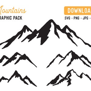 May include: A set of five black silhouette mountain range illustrations. The mountains are drawn in a simple, hand-drawn style. The largest mountain range is at the top of the image, with four smaller mountain ranges below it.