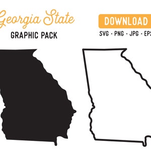 May include: Black and white outline of the state of Georgia. The outline is filled in black on the left and is an outline on the right. The text "Georgia State Graphic Pack" is above the outlines. The text "DOWNLOAD SVG - PNG - JPG - EPS" is in a yellow rectangle in the upper right corner.