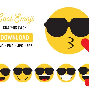 May include: A set of six yellow emoji faces with black sunglasses. Each emoji has a different expression, including a winking face, a smiling face, a laughing face, a surprised face, a tongue-out face, and a blowing a kiss face.