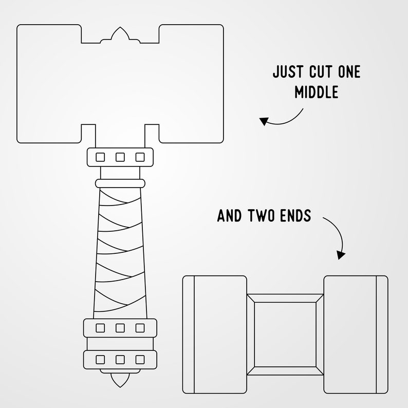 May include: A line drawing of a hammer with a handle wrapped in a striped pattern. The text "JUST CUT ONE MIDDLE" and "AND TWO ENDS" is included in the image. The image shows how to cut a piece of wood to make a hammer.