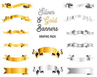 Gold Banner Clipart Pack - Silver Ribbon Clipart Pack - Digital Download