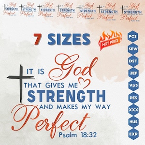 Christian Bible Verse Embroidery – “God Is My Strength” Cross Design, Machine Embroidery File (7 Sizes, Instant Download) Embroidery Designs