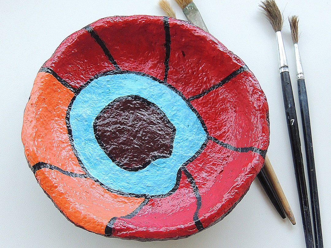 Paper Mache' Bowl, Red Orange Blue Decorative Hand Painted Bowl