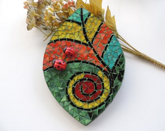 Décoration murale en mosaïque de verre avec feuille, mosaïque de feuilles et de coccinelles, mosaïque de coccinelles, mosaïque murale, mosaïque de feuilles, cadeau d'anniversaire