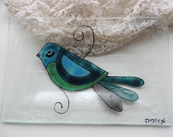 Fused Glass Soap Dish,  Bathroom Accessories, Blue Green Rectangle plate, Bird Glass Soap Dish, Gift For New Home