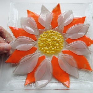 Fused Glass Serving Plate, Floral Plate, Orange Pink Large Square Flower plate, Wedding Gift, Table Centerpiece Plate, Mother's Day Gift