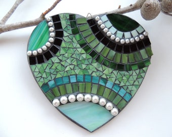 Art mural mosaïque en verre, mosaïque coeur vert, décoration murale, cadeau de Noël, cadeau pour l'amour