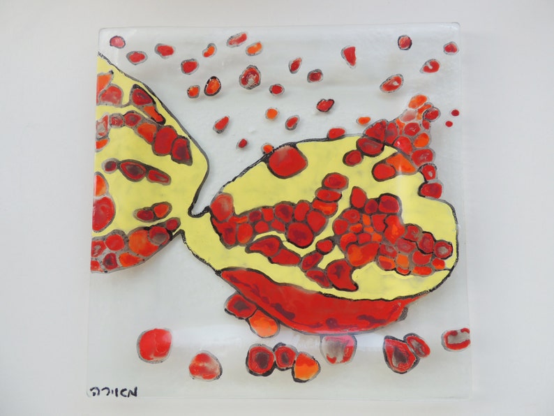 Fused Glass Serving Plate, Red Large Square Pomegranate plate,Rosh Hashana Gift, Gift For Jewish Home, Judaica Gift image 4