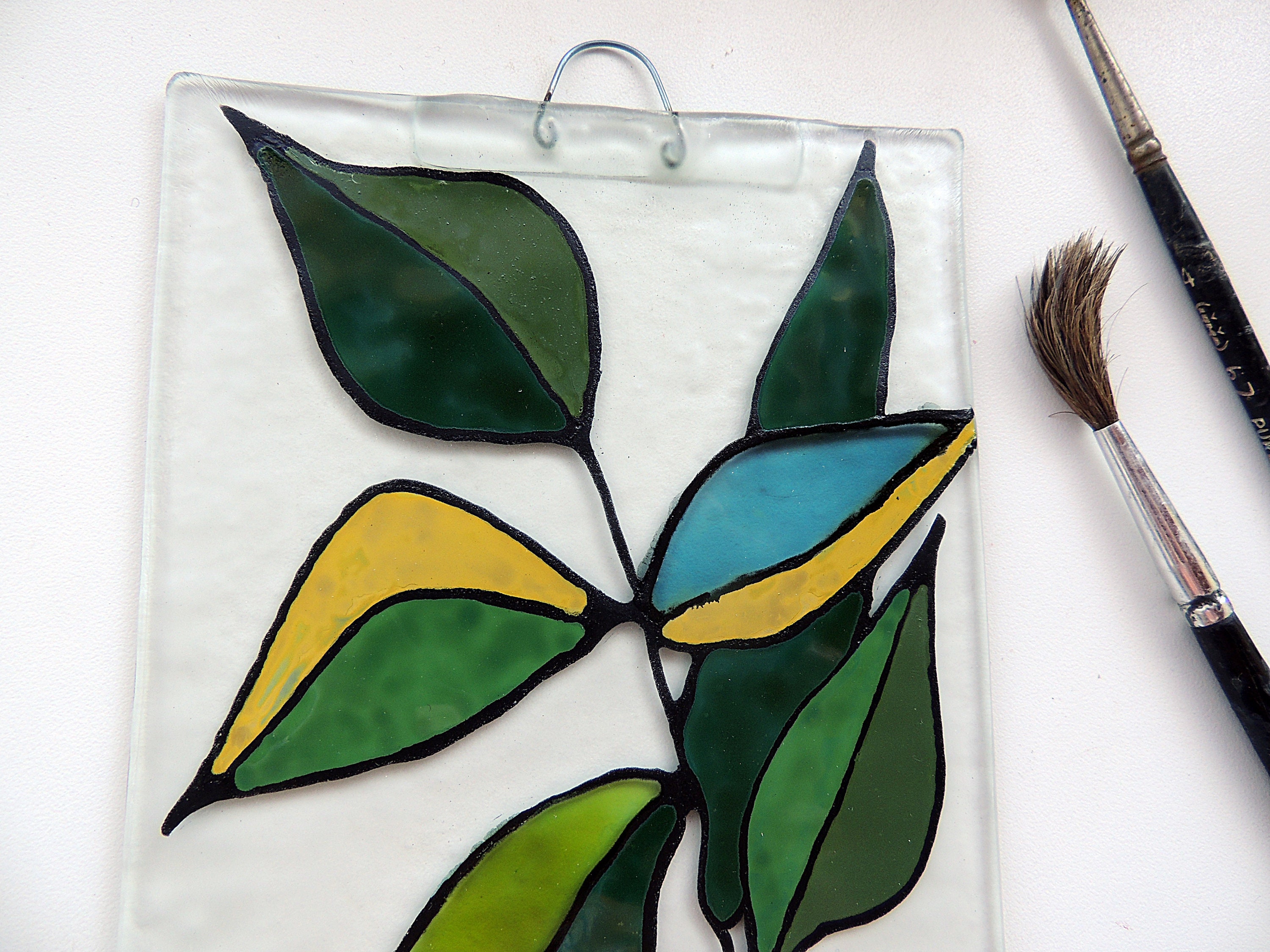 Fused Glass Wall Panel, Small Painted Leaves Panel, Glass Leaves Art