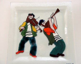 Fused Glass Handpainted Plate, Square Jewish dancing men On plate,Gift For Jewish Home