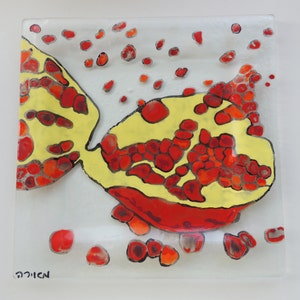 Fused Glass Serving Plate, Red Large Square Pomegranate plate,Rosh Hashana Gift, Gift For Jewish Home, Judaica Gift image 3