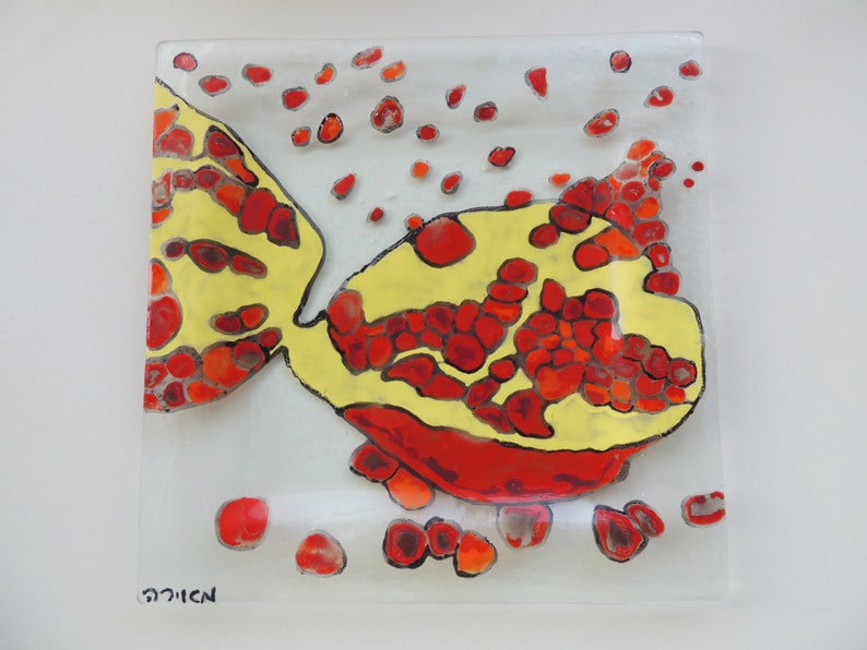 Fused Glass Serving Plate, Red Large Square Pomegranate plate,Rosh Hashana Gift, Gift For Jewish Home, Judaica Gift image 3