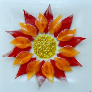 Fused Glass Serving Plate, Red Orange Large Square Flower plate, Wedding Gift, Table Centerpiece Plate