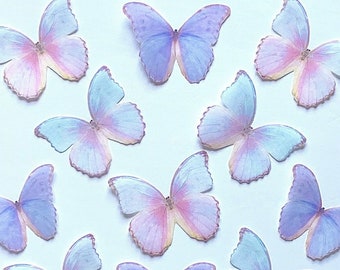 Large Shimmery Iridescent Lavender, Blue and Pink Combo Wafer Paper Edible Pre-Cut 3D Butterflies