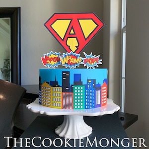 Superhero Skyline Cake Kit Edible Wrapper and/or Personalized Cardstock Toppers