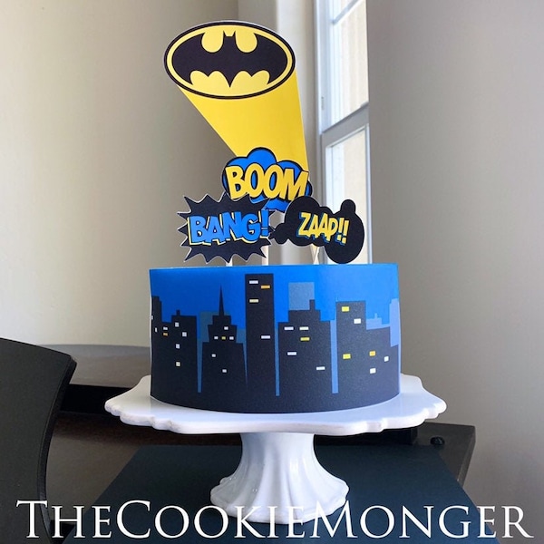 Superhero Night Skyline Cake Kit Edible Wrapper and/or Cardstock Toppers